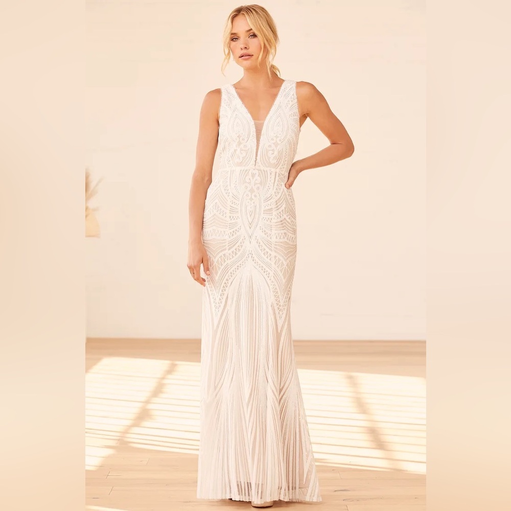Splendorous Love White and Beige Sequin Trumpet Hem Maxi Dress LARGE